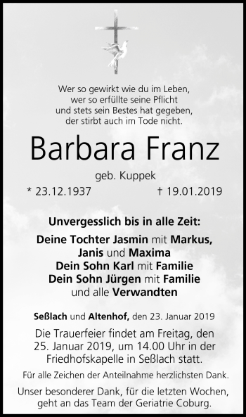 Traueranzeige von Barbara Franz von Neue Presse Coburg