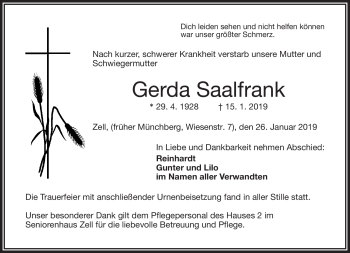 Traueranzeige von Gerda Saalfrank von Frankenpost