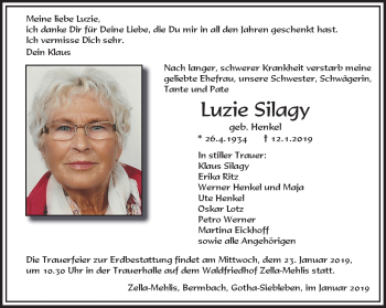 Traueranzeige von Luzie Silagy von Südthüringer Presse
