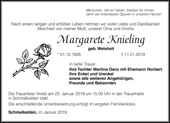Traueranzeige von Margarete Knieling von Südthüringer Presse