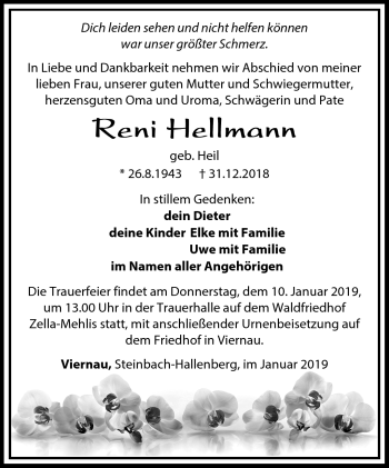 Traueranzeige von Reni Hellmann von Südthüringer Presse