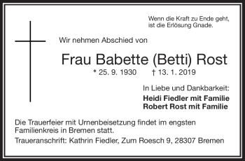 Traueranzeige von Babette Rost von Frankenpost