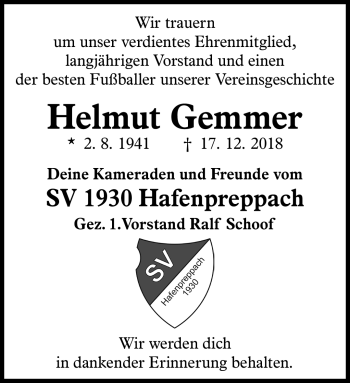 Traueranzeige von Helmut Gemmer von Neue Presse Coburg