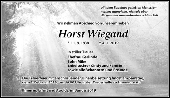 Traueranzeige von Horst Wiegand von Südthüringer Presse