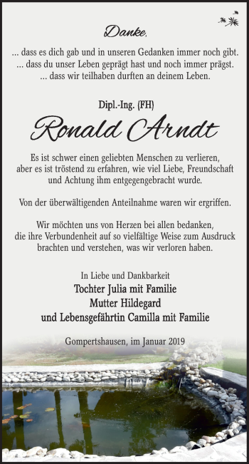 Traueranzeige von Ronald Arndt von Südthüringer Presse