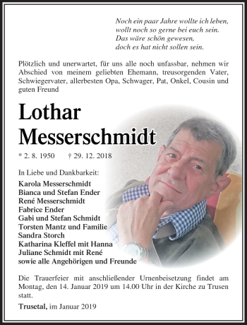 Traueranzeige von Lothar Messerschmidt von Südthüringer Presse