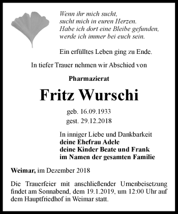 Traueranzeige von Fritz Wurschi von Südthüringer Presse