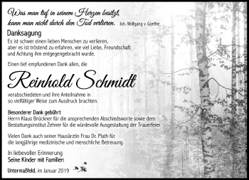 Traueranzeige von Reinhold Schmidt von Südthüringer Presse