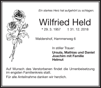 Traueranzeige von Wilfried Held von Frankenpost
