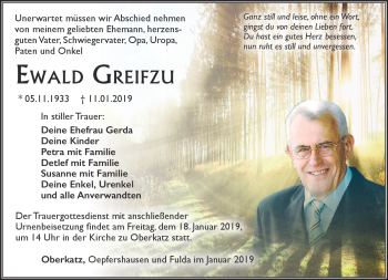 Traueranzeige von Ewald Greifzu von Südthüringer Presse