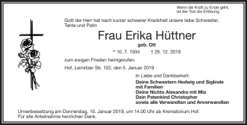 Traueranzeige von Erika Hüttner von Frankenpost