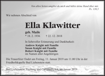 Traueranzeige von Ella Klawitter von Südthüringer Presse