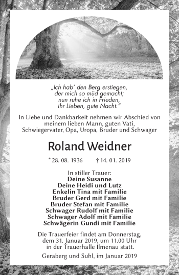 Traueranzeige von Roland Weidner von Südthüringer Presse