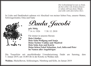 Traueranzeige von Paula Jacobi von Südthüringer Presse