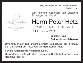 Traueranzeige von Peter Hetz von Frankenpost