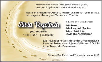 Traueranzeige von Silvia Vogelbein von Südthüringer Presse