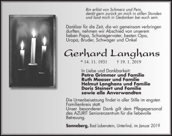 Traueranzeige von Gerhard Langhans von Südthüringer Presse