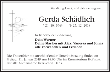 Traueranzeige von Gerda Schädlich von Frankenpost