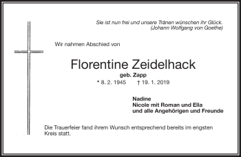 Traueranzeige von Florentine Zeidelhack von Frankenpost