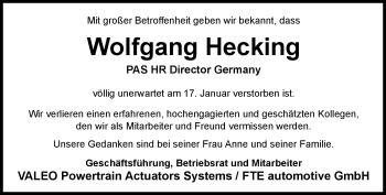 Traueranzeige von Wolfgang Hecking von Neue Presse Coburg