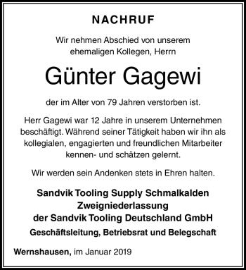 Traueranzeige von Günter Gagewi von Südthüringer Presse