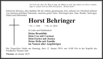 Traueranzeige von Horst Behringer von Südthüringer Presse