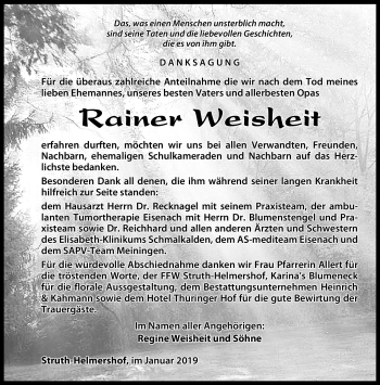 Traueranzeige von Rainer Weisheit von Südthüringer Presse