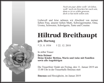 Traueranzeige von Hiltrud Breithaupt von Südthüringer Presse