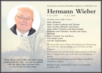 Traueranzeige von Hermann Wieber von Südthüringer Presse