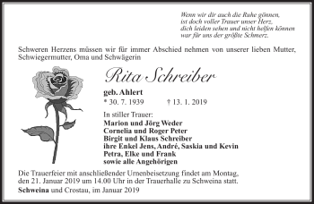 Traueranzeige von Rita Schreiber von Südthüringer Presse