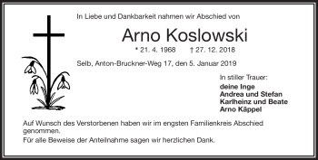 Traueranzeige von Arno Koslowski von Frankenpost