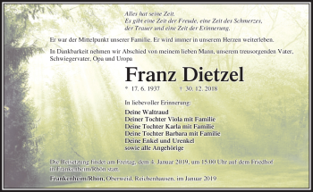Traueranzeige von Franz Dietzel von Südthüringer Presse