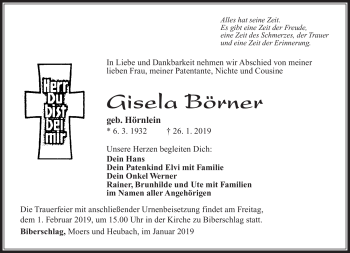 Traueranzeige von Gisela Börner von Südthüringer Presse