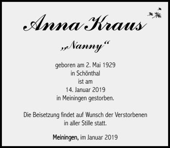 Traueranzeige von Anna Kraus von Südthüringer Presse