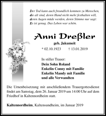 Traueranzeige von Anni Dreßler von Südthüringer Presse