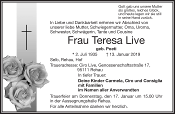 Traueranzeige von Teresa Live von Frankenpost