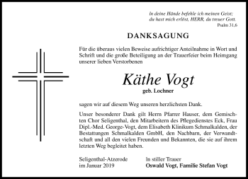 Traueranzeige von Käthe Vogt von Südthüringer Presse