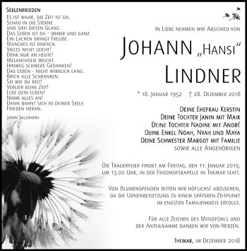 Traueranzeige von Johann Lindner von Südthüringer Presse