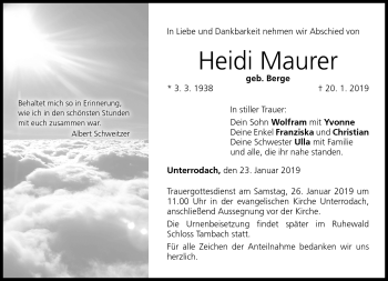 Traueranzeige von Heidi Maurer von Neue Presse Coburg