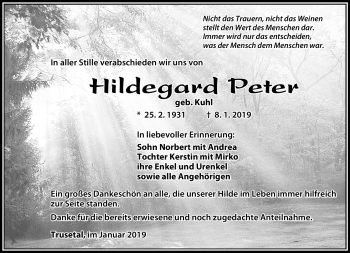 Traueranzeige von Hildegard Peter von Südthüringer Presse