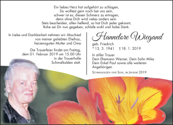 Traueranzeige von Hannelore Wiegand von Südthüringer Presse