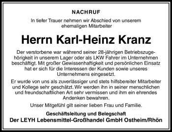 Traueranzeige von Karl-Heinz Kranz von Südthüringer Presse