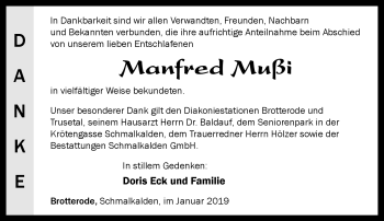 Traueranzeige von Manfred Mußi von Südthüringer Presse