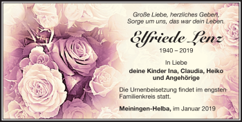 Traueranzeige von Elfriede Lenz von Südthüringer Presse