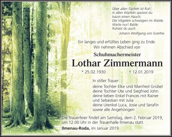Traueranzeige von Lothar Zimmermann von Südthüringer Presse