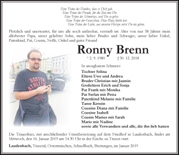 Traueranzeige von Ronny Brenn von Südthüringer Presse