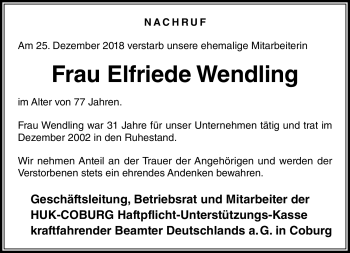 Traueranzeige von Elfriede Wendling von Neue Presse Coburg