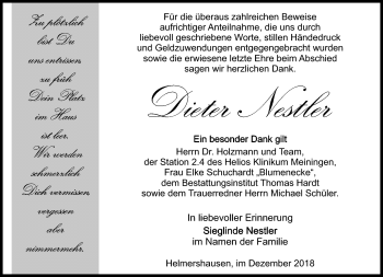 Traueranzeige von Dieter Nestler von Südthüringer Presse