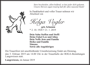 Traueranzeige von Helga Vogler von Südthüringer Presse