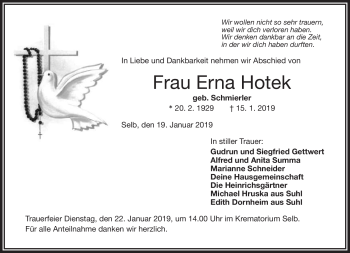 Traueranzeige von Erna Hotek von Frankenpost